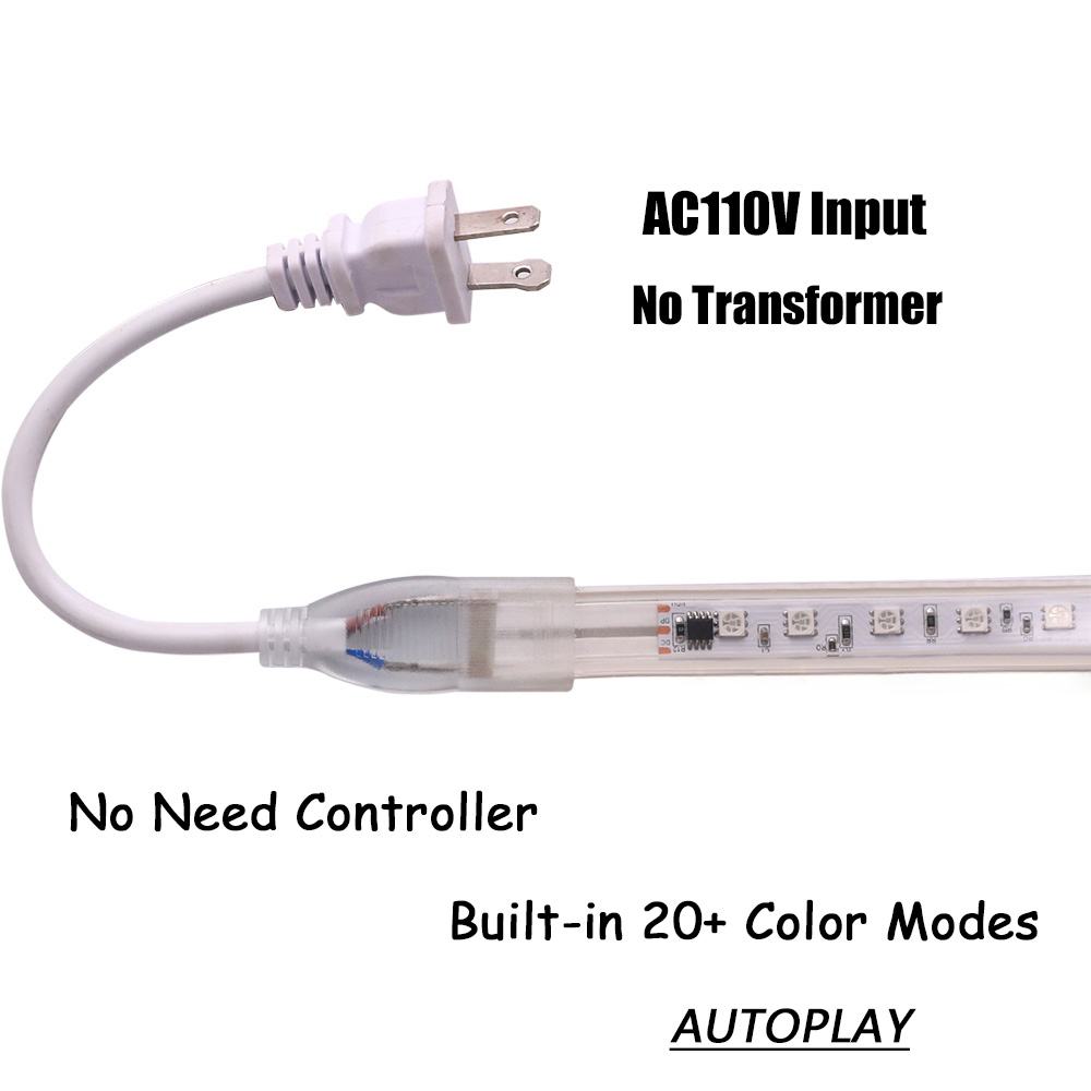 Color Modes Auto-Play 110V High-Voltage LED Color Chasing RGB Light Strip - No Controller Required Color Modes Auto-Play 110V High-Voltage LED Color Chasing RGB Light Strip - No Controller Required